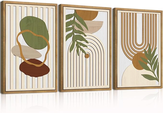 Large Sage Green Boho Wall Art Set Abstract Modern Geometric Wood Wall Decor Mid Century Neutral Artwork Bohemian Art Decor for Living Room Bedroom Office-16x24Inch x3