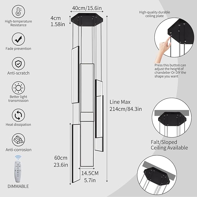 Modern Led Chandelier - Adjustable Black Lighting Fixture for High Ceiling, Suitable for Living Room, Staircase, Villa