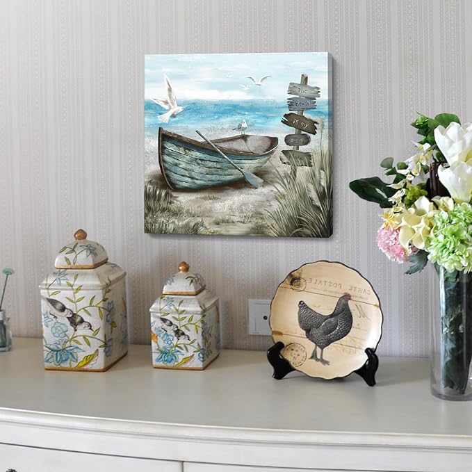 Bathroom Wall Art Coastal Décor Nautical Boat on Beach Canvas Picture Ocean Seagull Seascape Canvas Print Sea Bird Farmhouse Artwork for Seashore Bedroom Living Room Small Square Blue Teal 14x14"