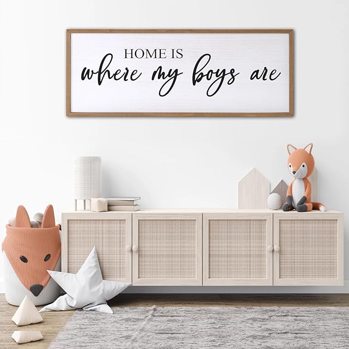 Home is Where My Boys are Sign Framed Wall Art, 40''×15'' Rustic Horizontal My Son Plaque with Natural Frame for Baby Kid Boy Son Teen Toddlers Room, Horizontal Mom of Boys Gifts Nursery Decor