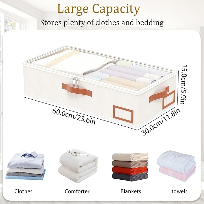 Yawinhe Under Bed Storage, 2 Pack Closet Organizers, Collapsible Container Bags, with Sorting Card Slot and 4 Leather Handles, for Blanket, Bedding, 23.6''Lx11.8''Wx6''H, Beige