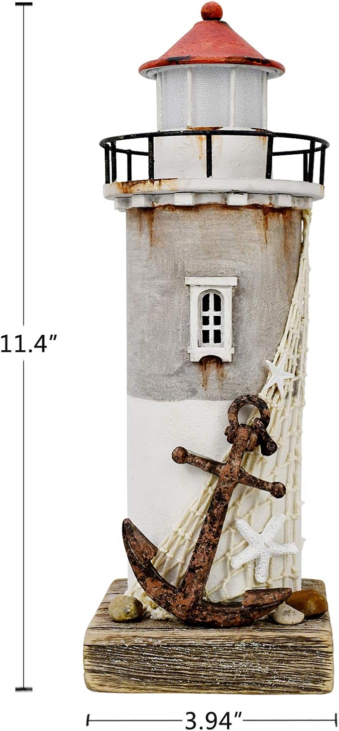 Linfevisi Wood Lighthouse Decor Rustic LED Light House Decor Wooden Decorative Nautical Lighthouse Statue Coastal Beach Themed Lighthouse Handcrafted Tabletop Decoration Home Bathroom (11.4")