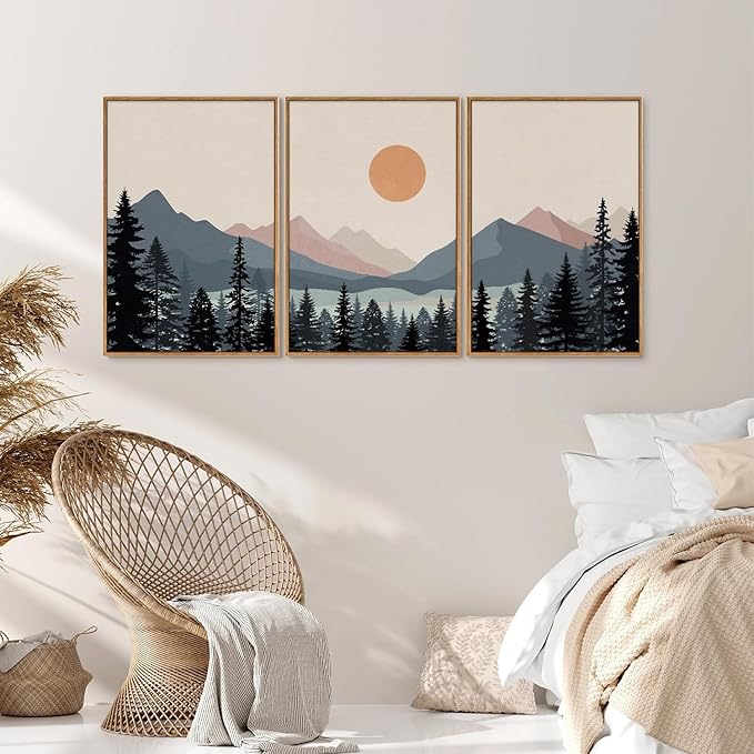 Tinonedraw Boho Mountain Framed Canvas Wall Art Set of 3, Watercolor Nature Landscape Art Prints, Modern Sunrise Art Paintings, Black Pines Tree Forest Wall Decor for Living Room Bedroom Office 16"x24"x3