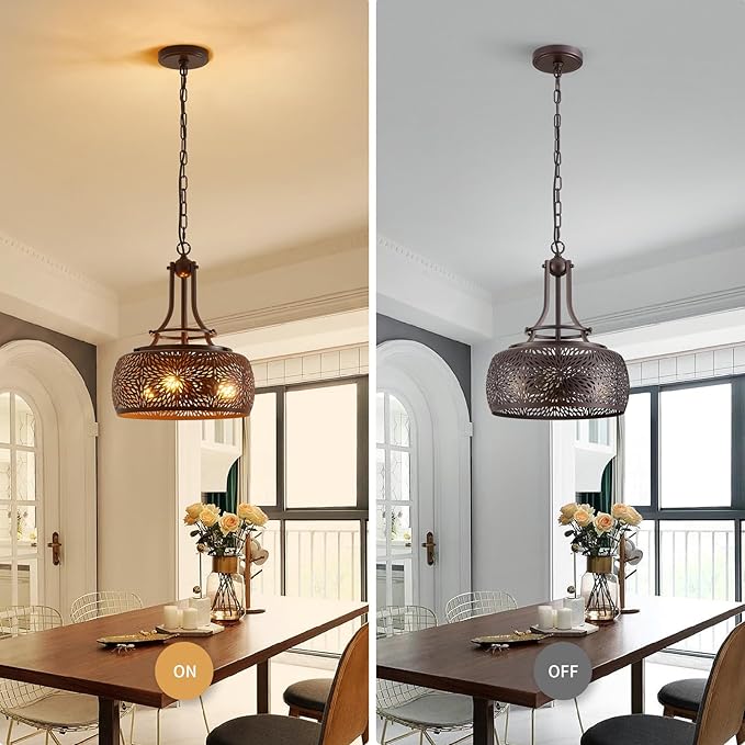WUZUPS Chandelier Rustic Farmhouse Industrial Round Ceiling Pendant LED Light Fixture with Later-Cut Openwork Drum Shade, H 15.7" x W 13.4", Oil Rubbed Bronze
