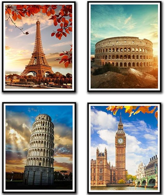 Boho Wall Art Decor, London, Tower of Pisa, Paris, Eiffel Tower,Roman Colosseum,City Wall Decor Art ,Modern Landscape Wall Art for Living Room Bedroom Prints Poster ,8x10 Inch Set of 4,Unframed