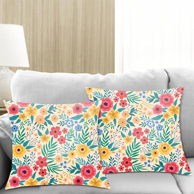 2 Pack Retro Cute Wildflowers Decor Throw Pillow Covers, 18x18 Pillow Cover, Decorative Couch Pillow Covers Flower Decor Pillowcase for Sofa Cushion Sofa Home Bedroom Office Chair Bed Living Room