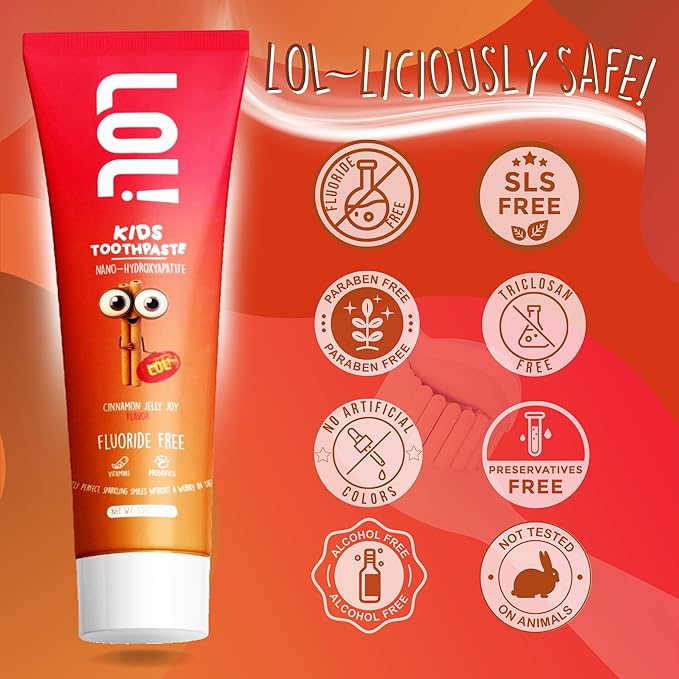 LOL Toddler Toothpaste, Nano Hydroxyapatite Toothpaste, Probiotics, Vitamins, Xylitol Tooth Paste Kids | Remineralizing | Natural | Plant-Based Foam | Pasta De Dientes para Niños (Cinnamon)