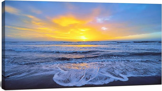 Wall Art Decor Large Sunset Canvas Print Picture Sunrise Ocean Beach Waves Scenery Modern Painting Artwork for Home Office Living Room Bedroom Decoration Framed Ready to Hang, 20x40Inch
