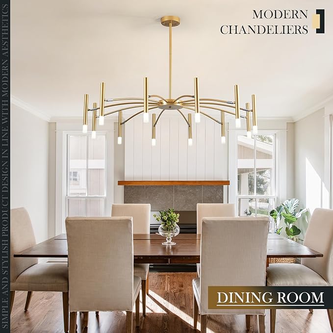 Gold Modern Chandelier 39.4" Large Chandelier Lighting Adjustable Ceiling Pendant Light 12 Light Pendant Light Fixtures for Living Room Dining Room Foyer