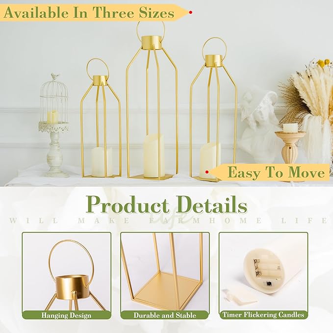 HPC DECOR Modern Farmhouse Lantern Decor- 22''19''16''Tall Large Gold Metal Candle Lanterns for Home Decor-Lanterns Decorative w/Timer Flickering Candles for Living Room,Outdoor,Fireplace Mantle Decor