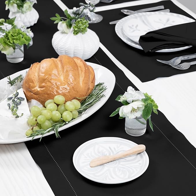 Solino Home Linen Black Table Runner 144 Inches Long - 100% Pure Linen Extra Long Table Runner 14 x 144 Inch for Fall, Autumn, Halloween, Thanksgiving - Classic Hemstitch