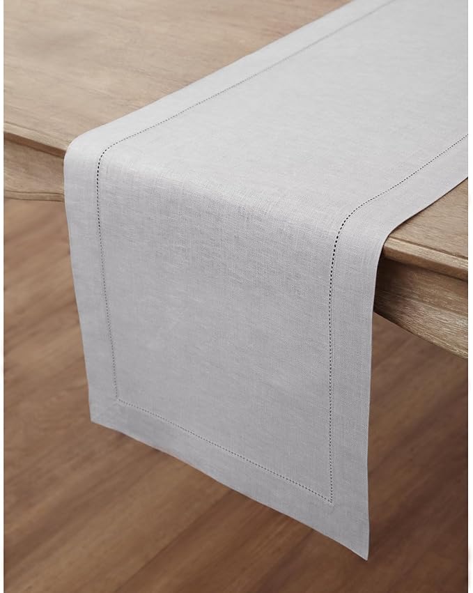 Solino Home Linen Soft Grey Table Runner 108 Inches Long - 100% Pure Linen 14 x 108 Inch Table Runner for Fall, Autumn, Thanksgiving - Classic Hemstitch