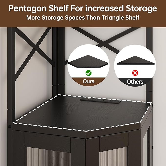 Corner Bar Cabinet with Power Outlet, 5-Tier Corner Wine Cabinet with Led Strip and Glass Holder, Industrial Tall Liquor Cabinet Bar Wine Rack for Home，Black