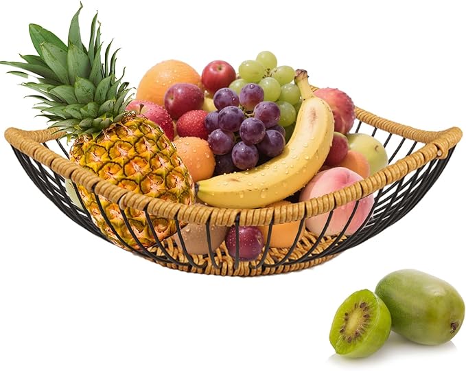 Vine Woven Iron Fruit Bowl, Metal Wire Fruit Basket, Vegetable Drain Basket, Storage Baskets for kitchen counter, countertop,Snacks, Candy, Bread,Cosmetics,Table decorative(12 x 3.7 Inches)