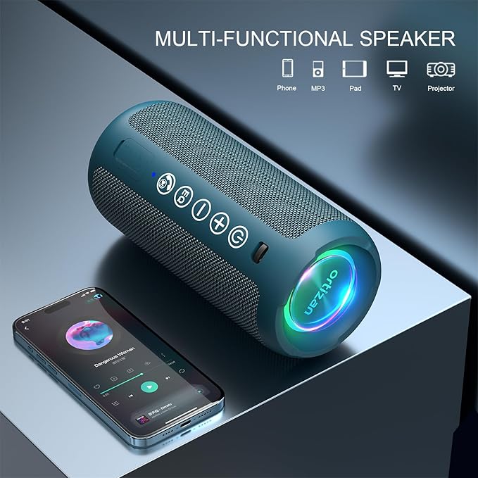 Ortizan Portable Bluetooth Speaker: IPX7 Waterproof, 24W Loud Sound, Deep Bass, Bluetooth 5.3, LED Lights, Wireless Stereo Pairing, 30H Playtime, for Home/Outdoor/Party/Beach, Birthday Gift (Blue)