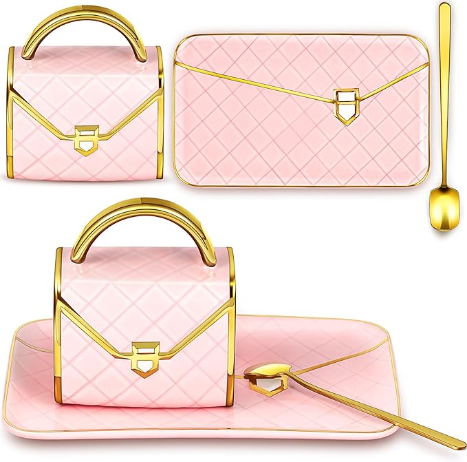 Zubebe 1 Set Coffee Mug Elegant Handbag Shaped Cup Modern Ceramic Purse Mug with Spoon and Saucer, 10oz Cute Creative Tea Cup for Office Home Woman Girls Gift (Pink)