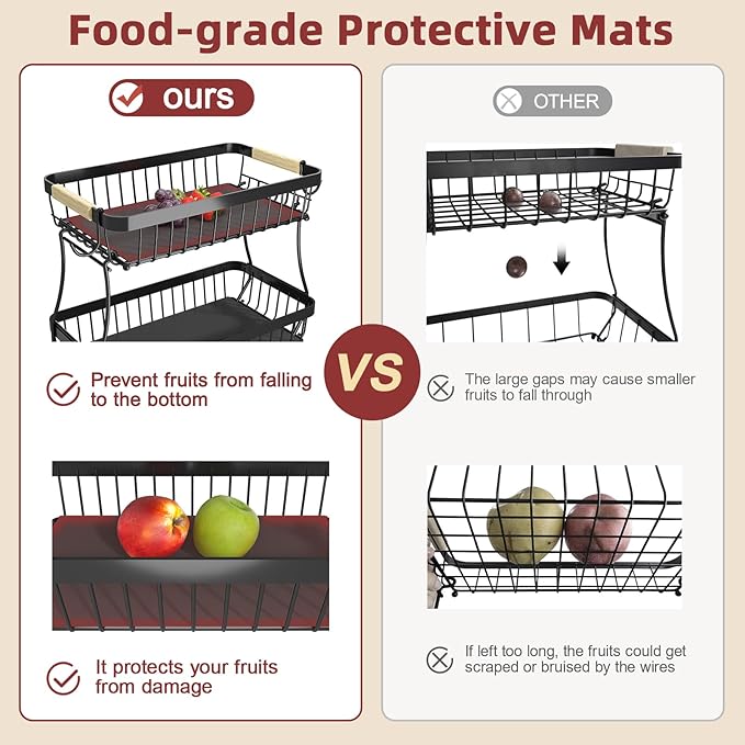 3 Tier Fruit Basket for Kitchen Counter with 2 Mobile Banana Hangers, 2025 Pro Detachable Metal Fruit Bowl with Wooden Handle, Fruit Holder for Bread Snack Veggies with Protective Mats