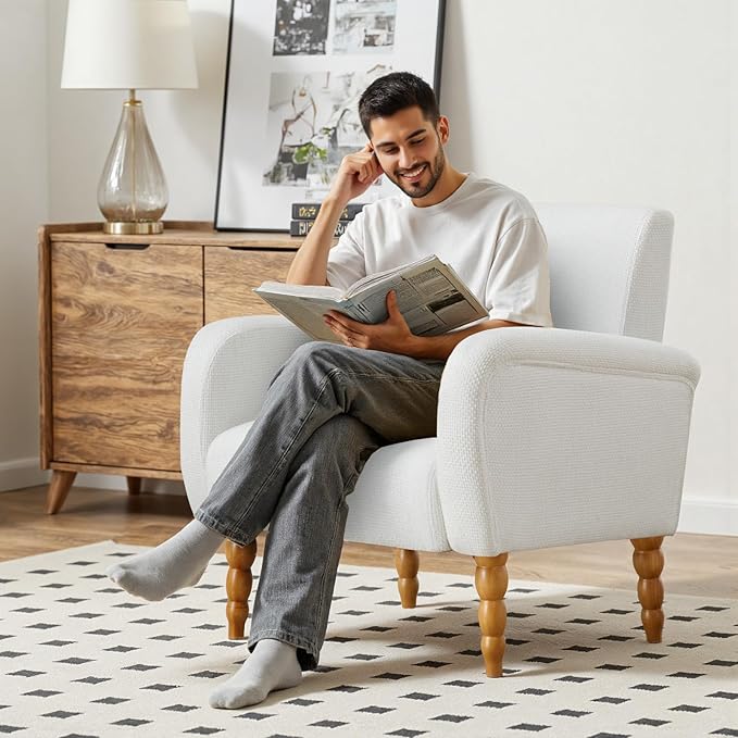 Chenille Fabric Accent Chairs Set of 2, Upholstered Armchair with Solid Wood Legs, Modern Living Room Accent Chair, Comfy Single Sofa Reading Club Chair for Bedroom Reception Lounge, White