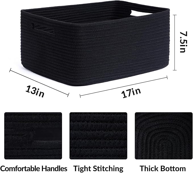 Large Storage Baskets for Shelves, Closet Organizers Bins for Clothes Blanket Towels, Baby Nursery, Toy Baskets Box, Woven Rope Baskets, 17 x 13 x 7.5”, 3 Packs Black