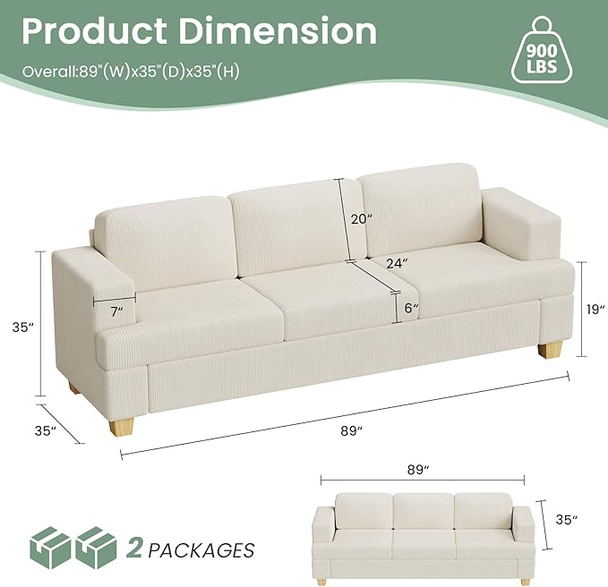 2 Pieces Corduroy Couch Set for Living Room, 5 Seats Cloud Sofa, Deep Seat Floor Couch for Bedroom, Futon Modern Sofa Bed, White Corduroy