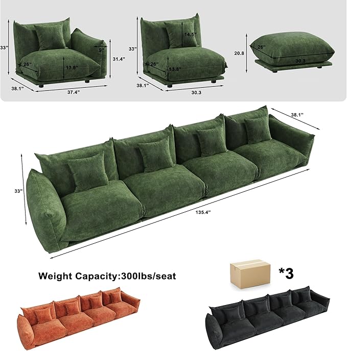 smilesun Modern Minimalist Chenille Modular Sectional Sofa, Oversized Couch and Loveseat Set with Thick Cushions, Upholstered Sofa for Living Room, Bedroom, Office, Apartment(Green,136" 4-Seater)