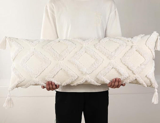 PANOD Decorative Long Lumbar Pillow Cover 12x32 Boho,Super Soft Chenille Extra Long Lumbar Pillow Case Cover with Tassel for Bed Sofa Couch Farmhouse Livingroom,White,Modern Skinny
