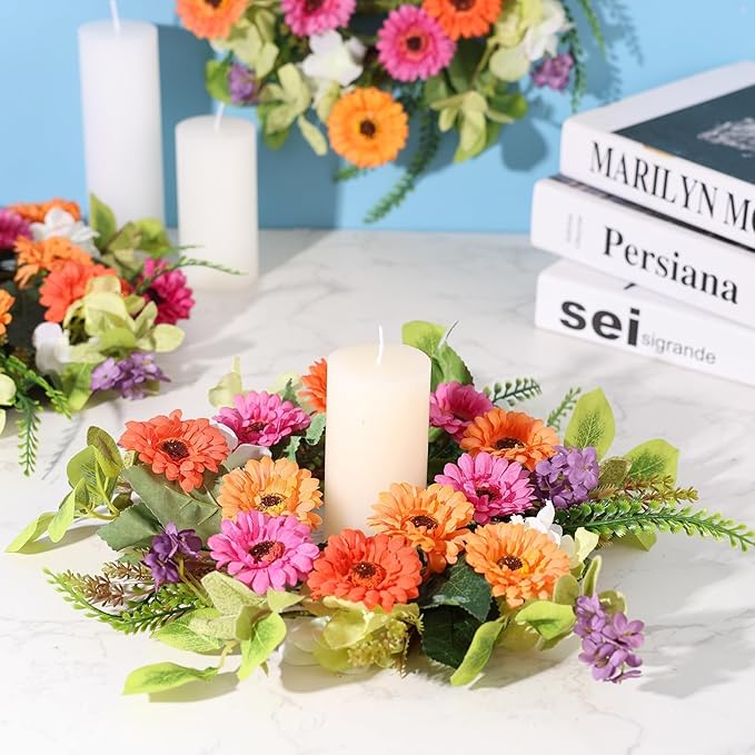 6 Pcs Artificial Summer Wreaths Mini Colorful Daisy Floral Wreath Farmhouse Spring Swag Kitchen Cabinet Wreaths Hanging Flowers Wreath for Front Door Indoor Outdoor Home Decor Festival Celebrations