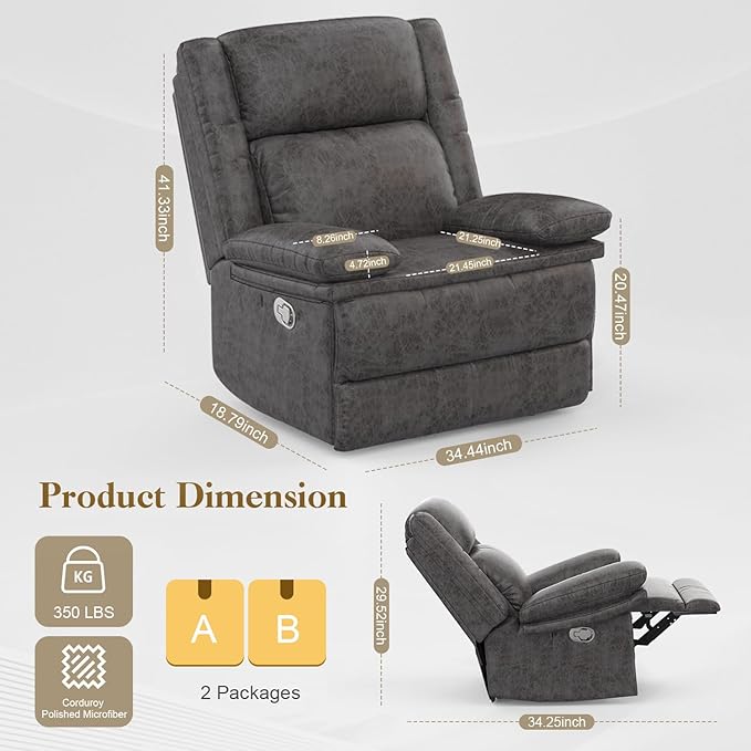 Recliner Chair for Adults, Oversized Manual Pull Tab Reclining Chair, 2-Tier Cushions, Minimalist Style Single Sofa for Living Room, RV (Polished Microfiber)