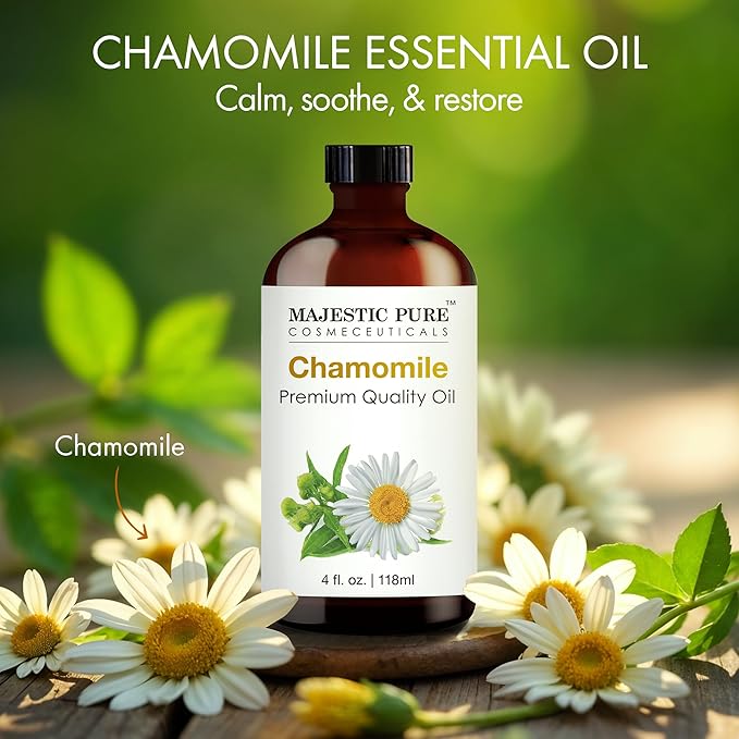 Majestic Pure Chamomile Essential Oil with Glass Dropper - Huge 4 Fl Oz - 100% Pure and Natural Chamomile Oil - Premium Grade Essential Oils for Diffuser, Aromatherapy, Soap and Candle Making