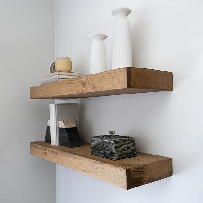 Modern Floating Shelves 3 Inches Thick for Wall, Wide Shelves for Kitchen, Living Room, Bedroom, and Bathroom, Natural Pine Wood, Rustic Wooden Shelf, (Set of 2) (Aged Oak, 36Lx3Hx6D)