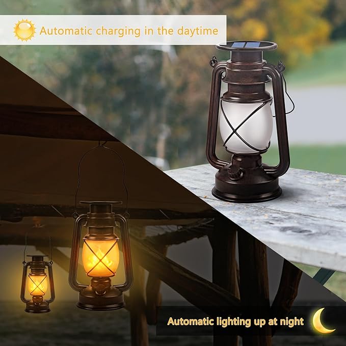 Solar Lantern Outdoor Hanging Solar Lights Dancing Flame Led Waterproof Camping Lamps, Landscape Decor for Table Patio Garden Yard Pathway Porch 2 Pack
