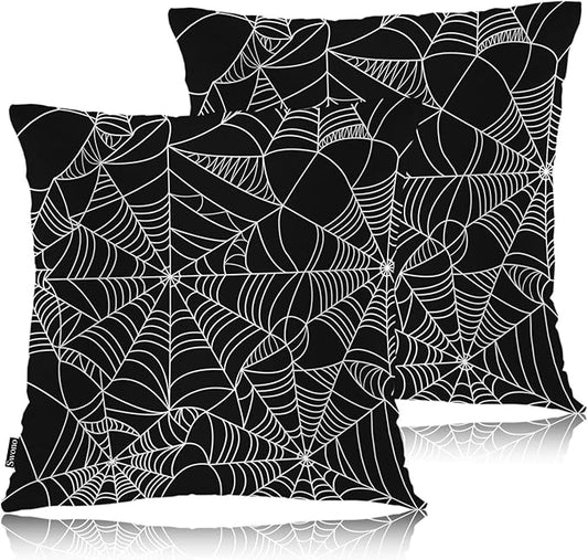 Swono Couch Pillow Cover Set of 2 Spider Web, Horror Halloween Spiderweb Decorative Throw Pillowcase Cushion Cover 18 X 18 Inch Throw Pillows Covers for Sofa Bedroom Car Living Room, Black White