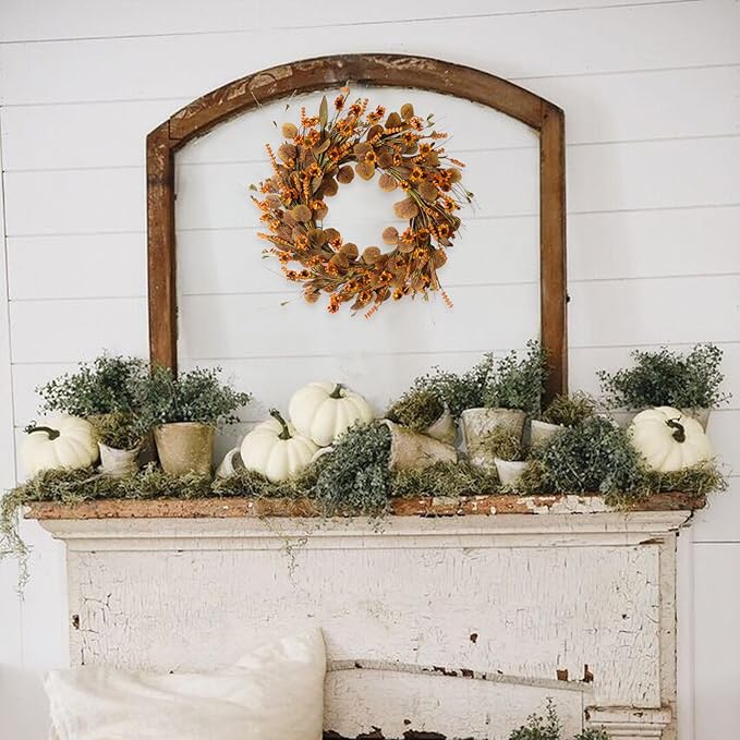 22 Inch Fall Wreath for Front Door Artificial Autumn Wreath with Eucalyptus Leaves Wild Flowers Harvest for Festival Thanksgiving Halloween Farmhouse Wall Home Decor