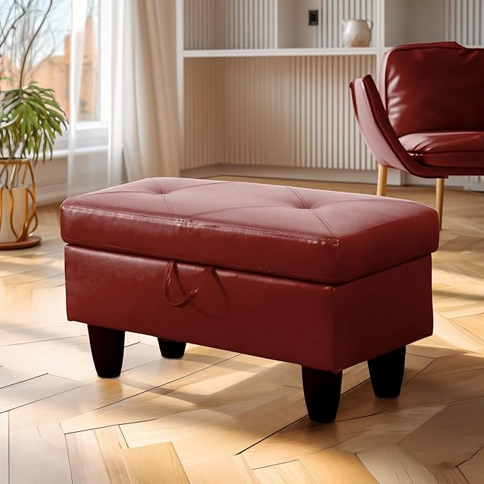 Ottoman Rectangular Storage Ottoman Bench, Faux Leather Footrest, Coffee Table, Stool Footstool with Hinged Lid for Living Room, Bedroom, Entryway, Red, 28.5"x19"x17.5"