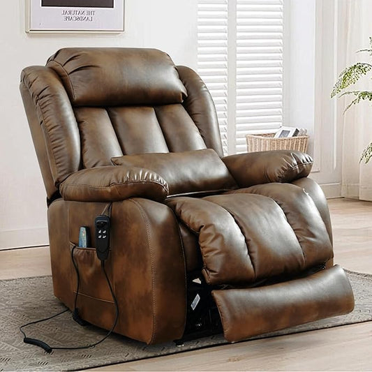 MAEVIS Large Genuine Leather Power Lift Chairs, Dual Motor Recliner for Elderly,Extended Footrest and Lumbar Pillow for Tall Man,with Heat and Massage, USB and Type-C Ports(Ochre)