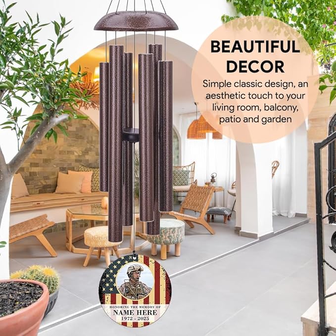 36inch Personalized Wind Chimes, Memorial Wind Chimes for US Veteran, Wind Chime for Loss of Loved Dad/Mom, Sympathy Memorial Gifts, Thank You Veteran Solider