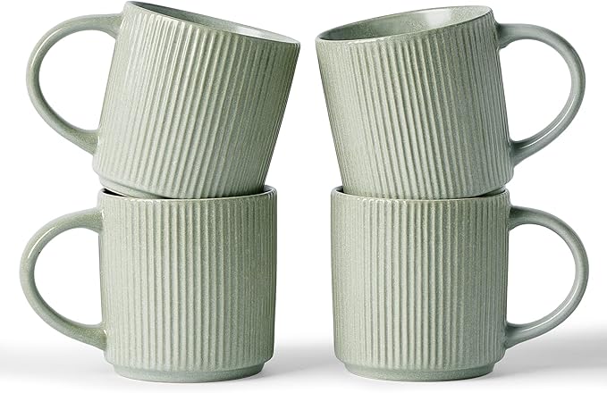 famiware Coffee Mug Set for 4, Star 12 oz Catering Mugs Cup Set with Handle for Coffee, Tea, Cocoa, Milk - Ceramic Stoneware Drinkware Set, Matte Green