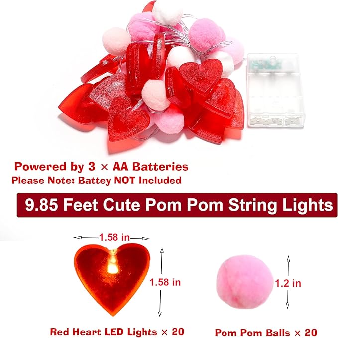 Red Heart String Lights 9.85 Ft Valentines Light with 20 LEDs 20 Pink Pom Poms Garland Lights Battery Operated with Timer Valentines Decorations for Wedding Party Valentine Decor