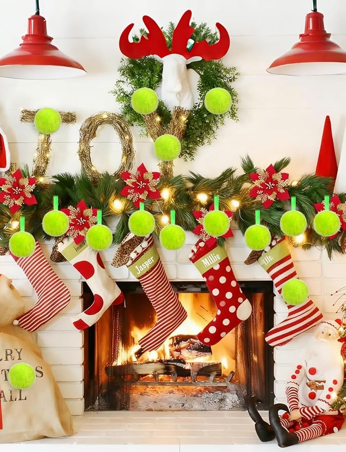 64Pcs Green Furry Christmas Balls, Green Xmas Ornaments Ball, Craft Pom Pom Balls, Christmas Tree Decorations Ball, Hanging Ornaments for Xmas Indoor Wreath Home School Office Décor