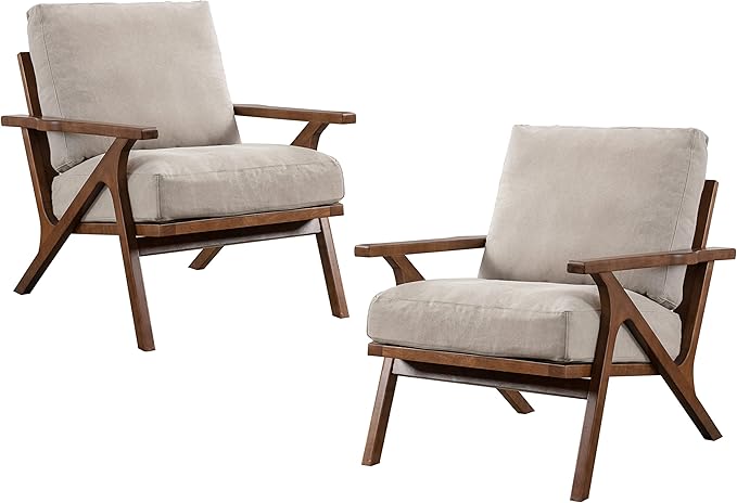 chairus Mid Century Accent Armchairs Modern Upholstered Lounge Chair Compfy Leisure Arm Chair for Living Room Fireplace/Bedroom/Reception/Dorms, Set of 2, Denim Fabric Beige