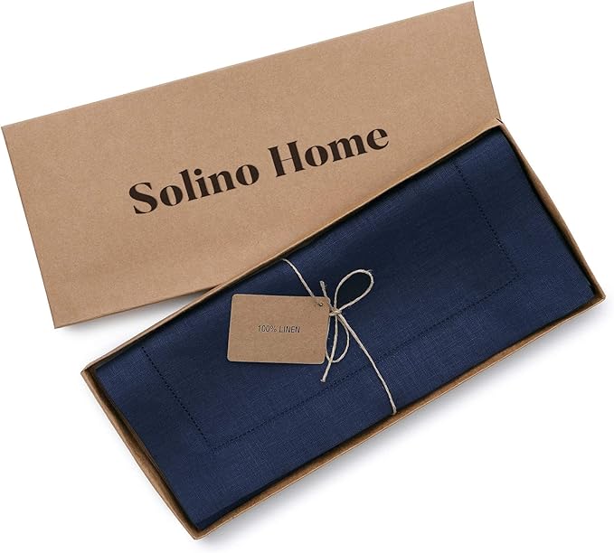 Solino Home Linen Navy Table Runner 60 Inches - Classic Hemstitch, 100% Pure Linen Coffee Table Runner 14 x 60 Inch Ideal for Dresser Tables - Fall, Autumn, Halloween, Thanksgiving
