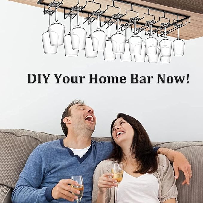 Xverycan Wine Glass Rack Under Cabinet, 8 Row Extreme Large Stemware Hanger, Metal Wine Goblet Holder, DIY Bar Glass Storage Rack for Bar Counter, Kitchen, Screws Included (Black)
