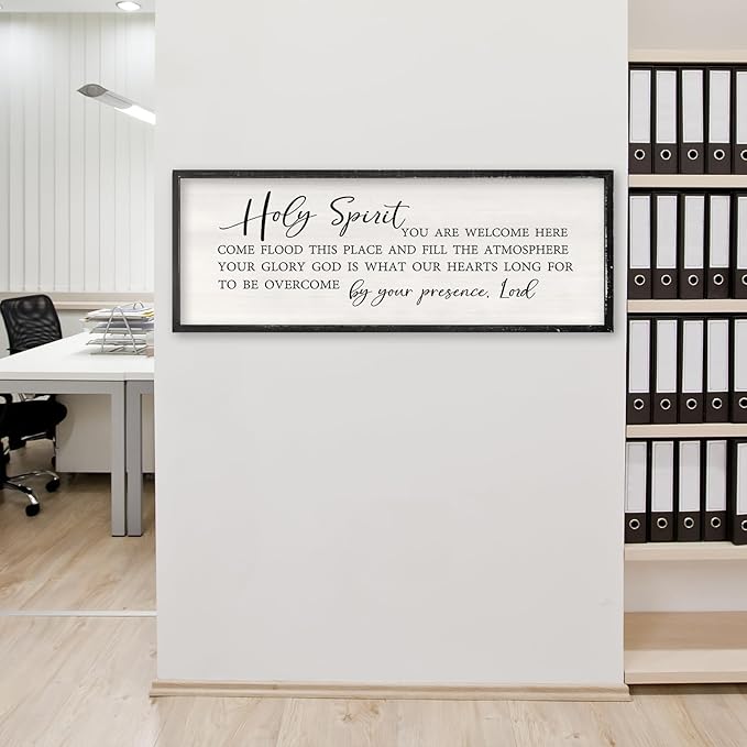 Holy Spirit You are Welcome Here Wall Decor Art 40x15 Inch Large Christian Song Bible Verse Plaque Wood Framed Sign Living Room Scripture Quote Religious For Office Wall Hanging (Black)