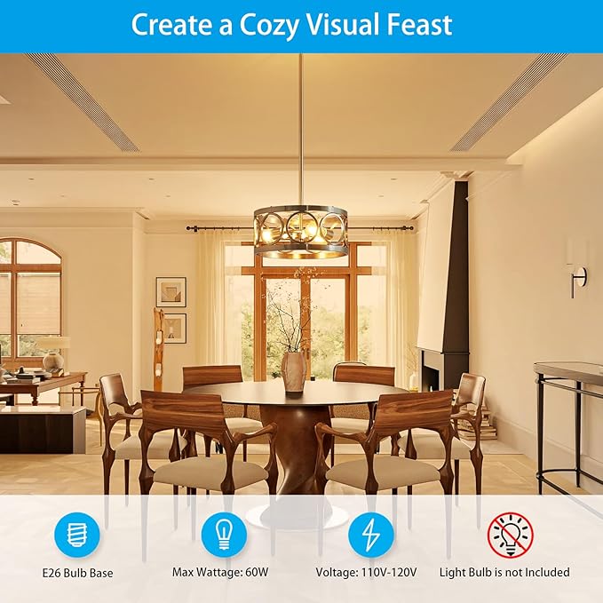 XINGQI Nickel Ceiling Light Adjustable Height Pendant Lighting Fixture 3-Light Metal Lamp 13" Rustic Round Lights for Dining Room Kitchen Bedroom Foyer Hallway