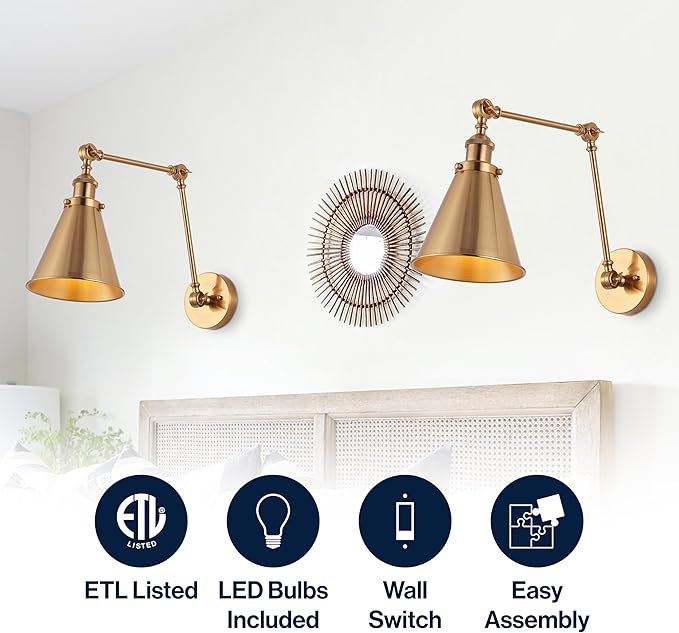 JONATHAN Y JYL7461A-SET2 Rover 7" Farmhouse Industrial Adjustable Arm Metal LED Wall Sconce Rustic Bohemian 2700K 4W Bulb for Entryway Lobby Kitchen Bathroom Bedroom Hallway, Brass Gold (Set of 2)