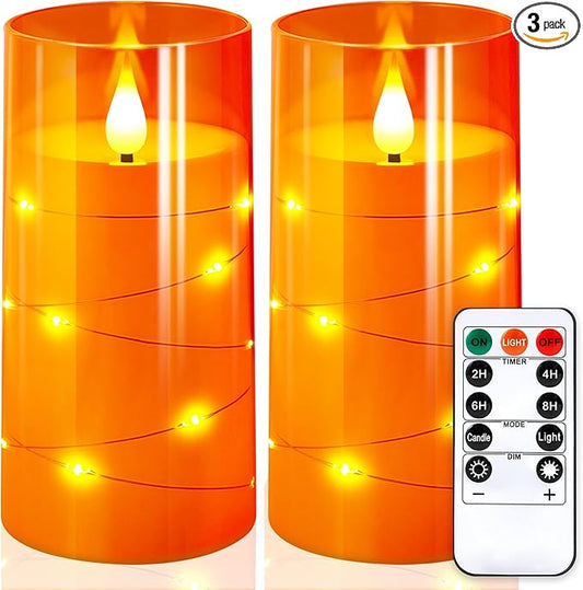 NURADA 3"x6"Flickering Flameless Candles: Built-in Star String Lights 3D Wick Battery Operated LED Pillar Candles with Remote and Timer for Halloween Thanksgiving Dinner Tables Home Fall Decor Orange