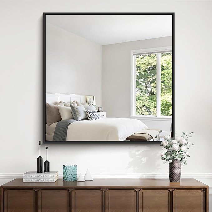 Black Bathroom Mirror for Wall, 30x30 Inch Rectangle Mirrors with Metal Frame, Modern Vanity Wall Square Mirror for Bathroom Living Room, Entryway Hangs Horizontal or Vertical
