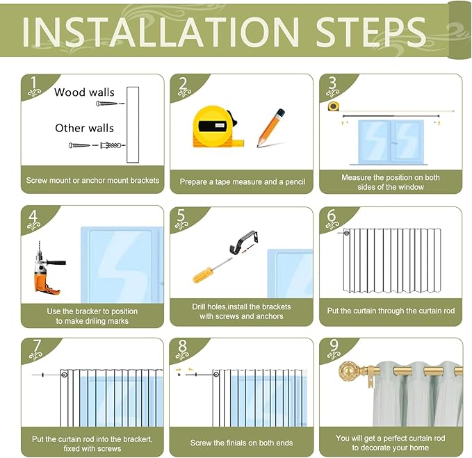 Gold Adjustable Curtain Rods for Windows:66-120 Inch Farmhouse Heavy Duty Curtain Rod for Bedroom Living Room,Boho Decorative Rustic Drapery Rods with Vintage Coastal Texture Finial,Brass Gold