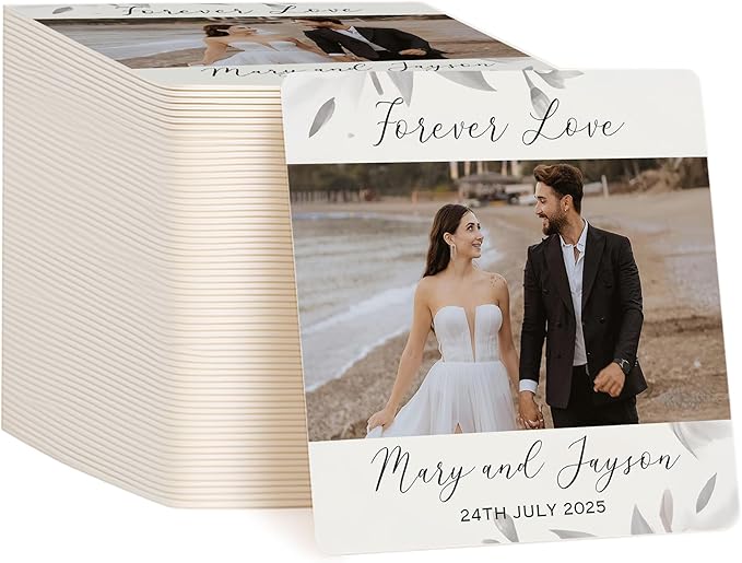 60 Pack Personalized Wedding Coasters, Custom Cardboard Coasters for Drinks with Photo Print and Text, Keepsake Wedding Favors and Gifts for Couples, 4x4 Square, Design 7