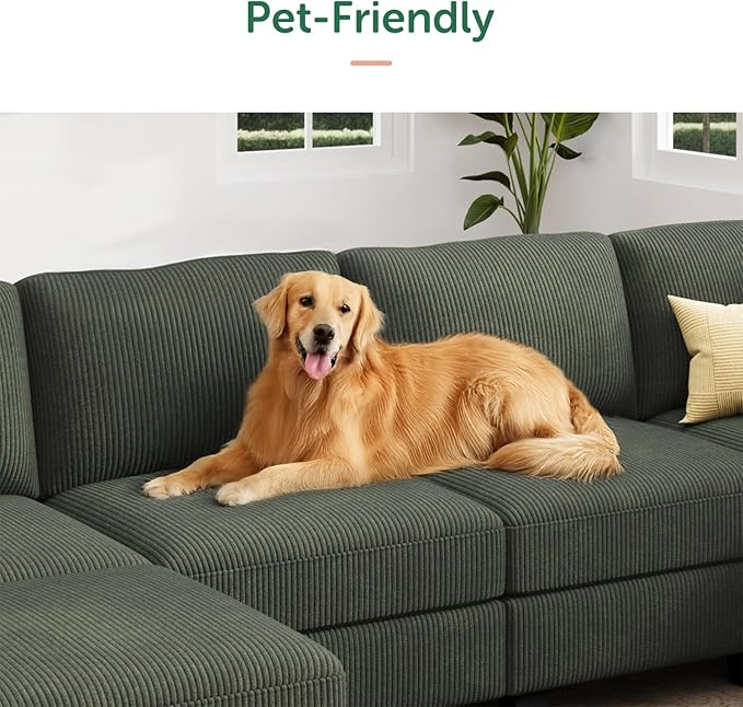 HONBAY U-Shaped Corduroy Sectional Couch with 6 Seaters Modular Sectional Sofa with Storage Sectional Couches for Living Room, Green